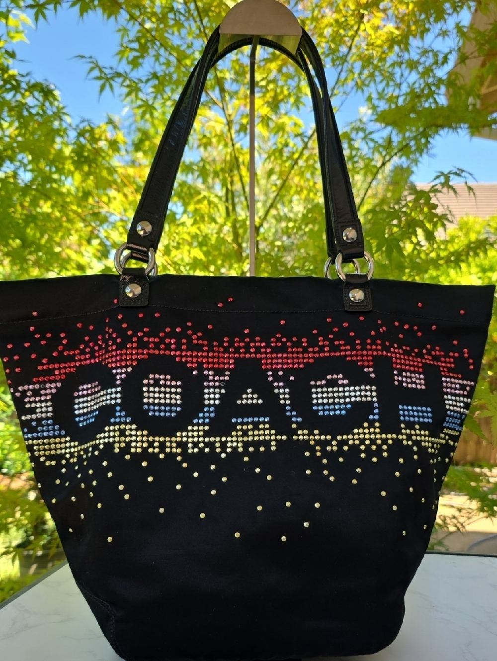 Coach Poppy Special Edition Holiday Black Satin Tote Bag Multi Bling Sparkly